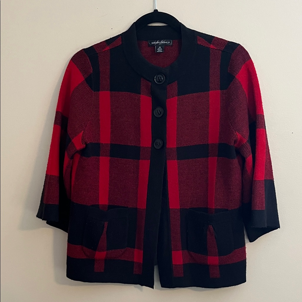 Designers Originals Womens Red Black Buffalo Plaid Kimono Holiday Cardigan Sz M